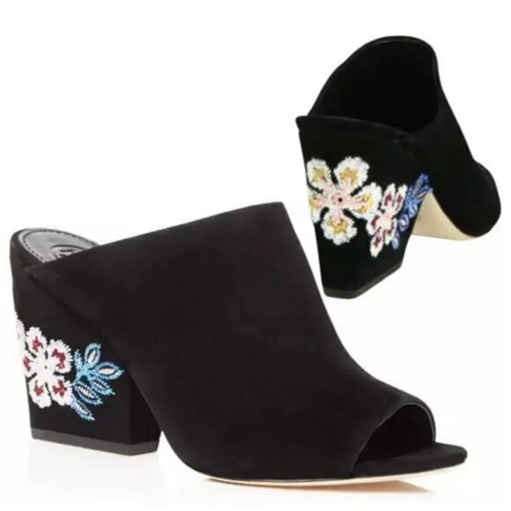 Tory Burch Floral Embroidered Block Heel Slide Sandals Black open toe size 6.5